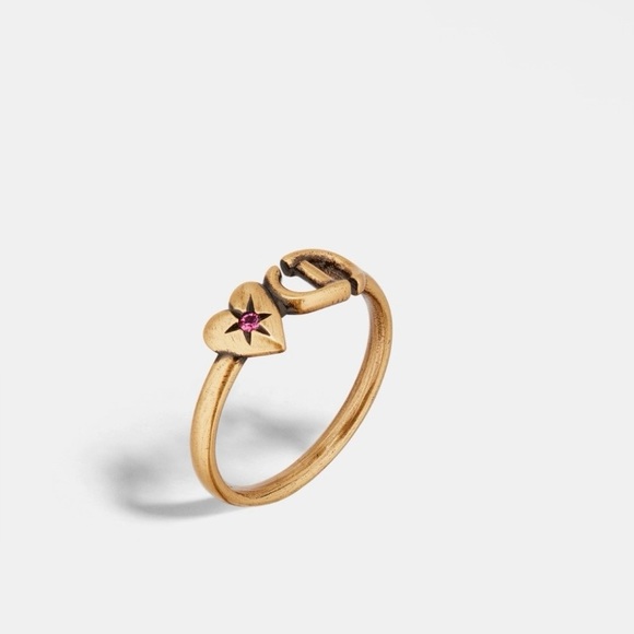 DIOR LUCKY CHARMS RING Antique Gold-Finish Metal and Pink Crystal size L